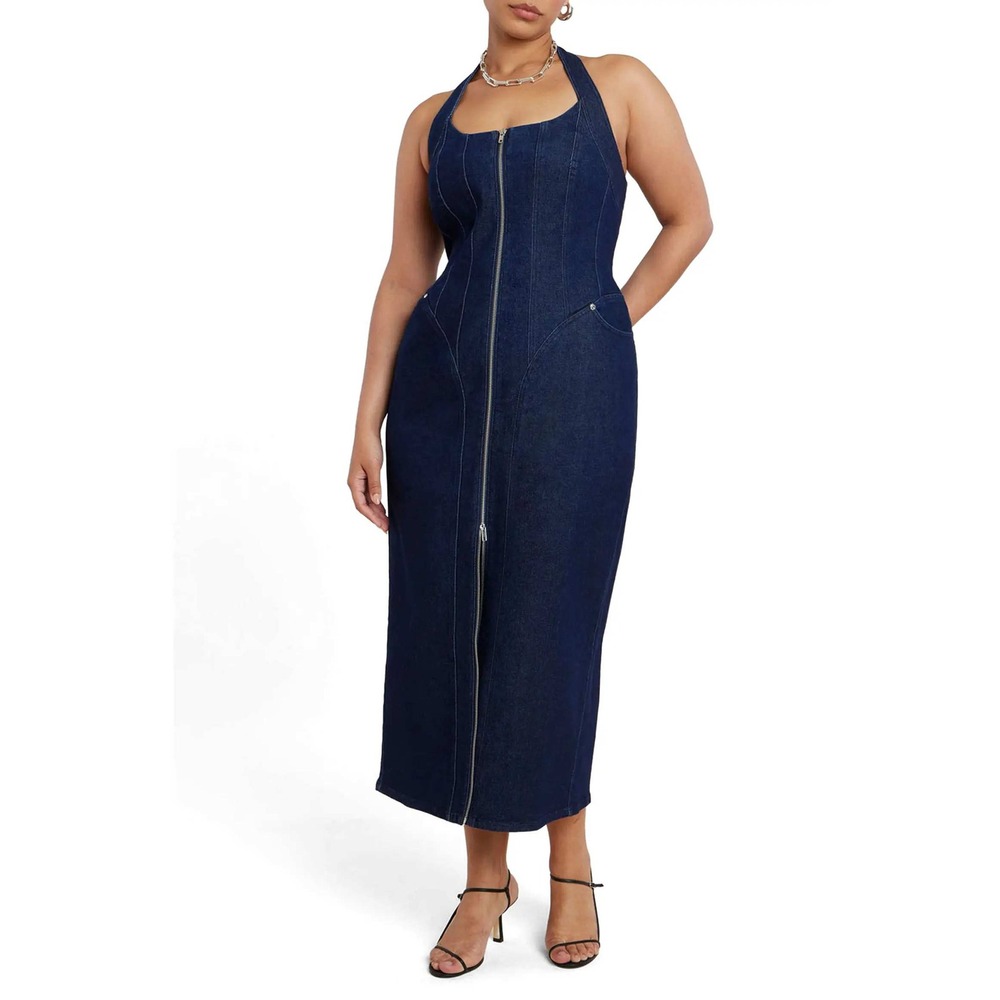 Eloquii Denim Corset Dress Dark Wash Denim Halter Front Zip Midi Open Back NWT14